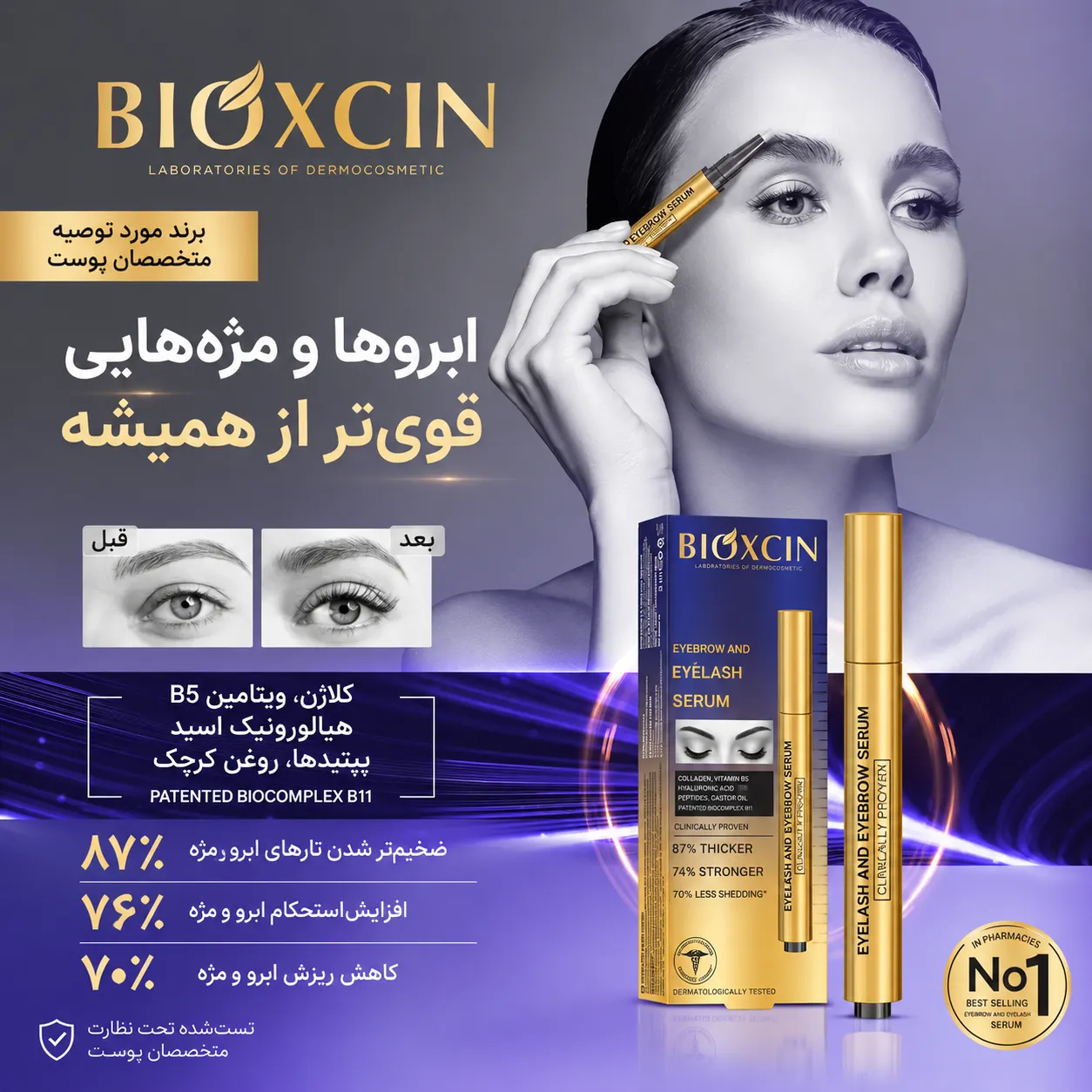 پوستر تبلیغاتی سرم ابرو و مژه بیوکسین با تصویر مدل، جعبه محصول و تیوب طلایی